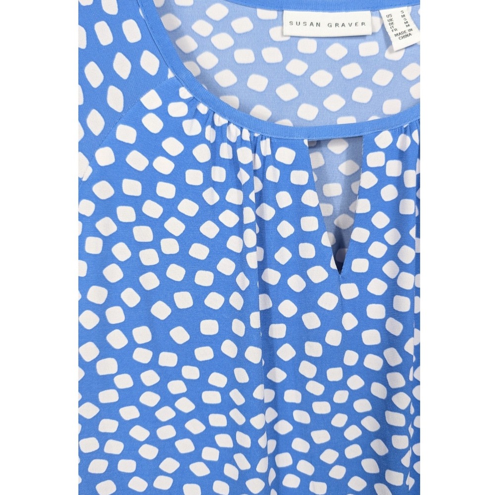 Susan Graver Blue‎ White Dot Keyhole Neck Short Sleeve Tunic Top Women's Size S